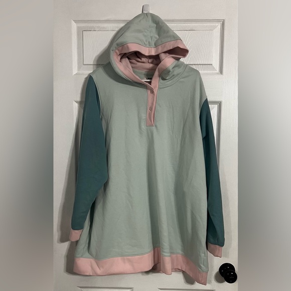 Lands End Women’s Serious Sweats Long Sleeve Hooded Colorblock Pink And Green 3x - Picture 1 of 16
